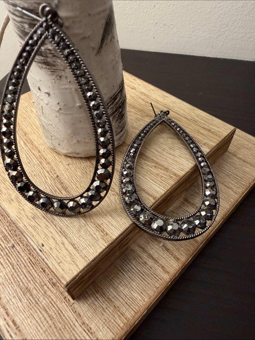 Gunmetal Teardrop Crystal Hoop Earrings - Elegant Evening Jewelry